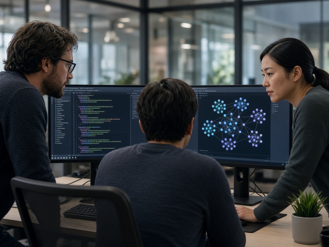Software engineers collaborating on custom AI application code